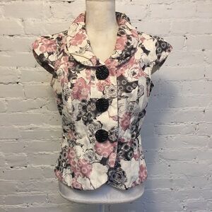 An Ren wide collar top puff sleeve pink black floral size m